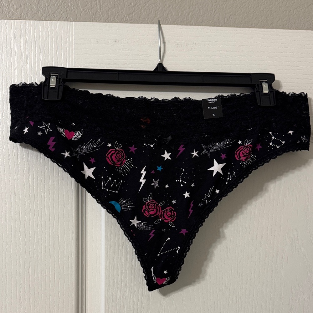 Torrid 3X Black Lace Thong with Pink and White Print